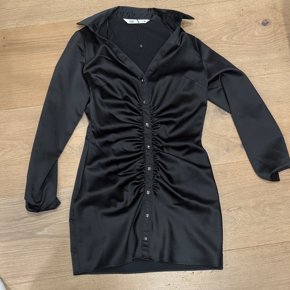 Zara Black Ruched Button-Front Mini Dress